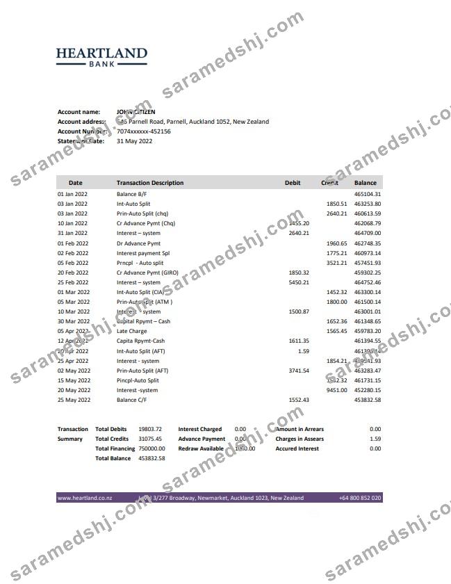 New Zealand Heartland bank statement